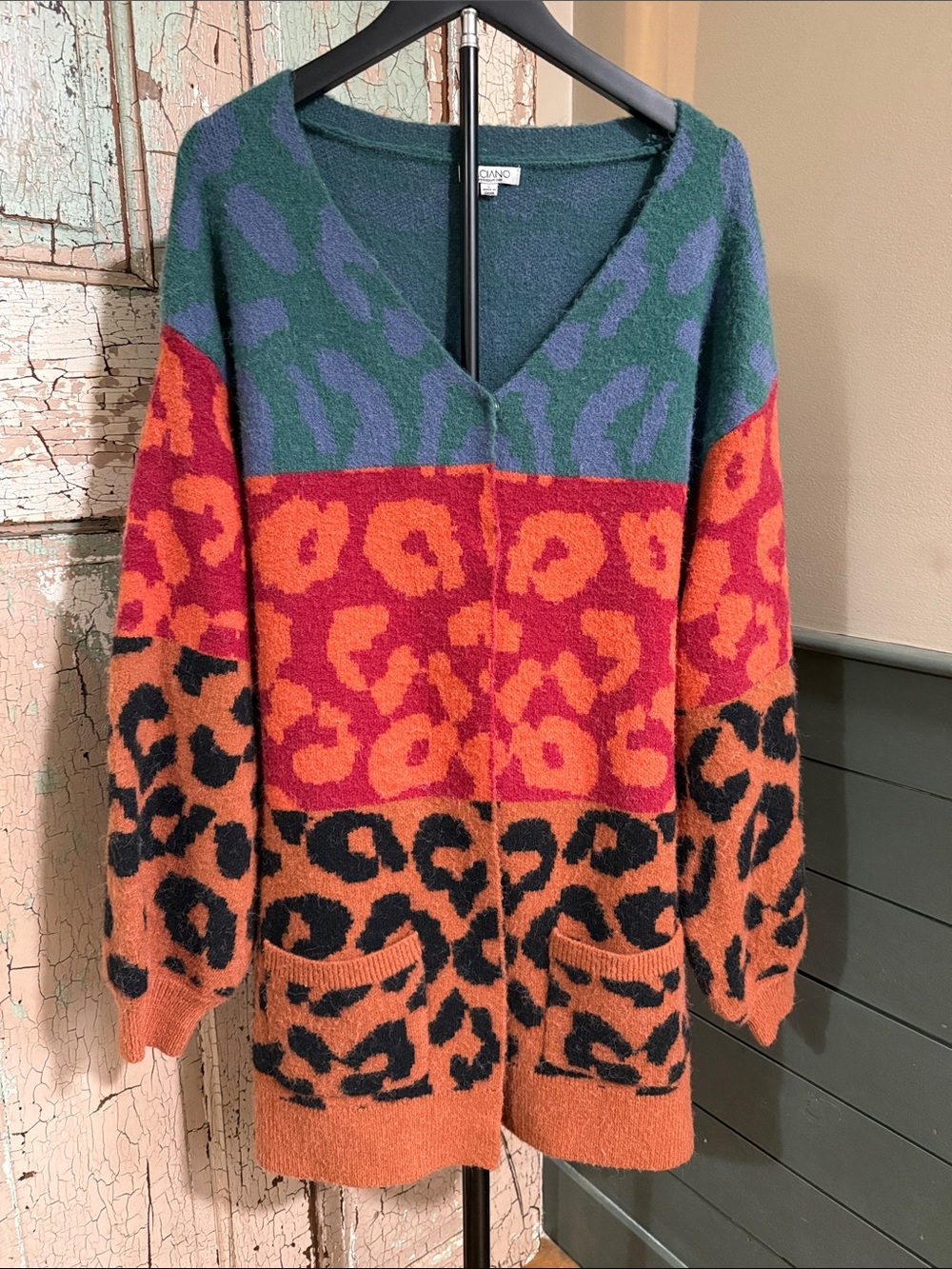 Baciano Large Leopard Animal Print Colorblock Cardigan Sweater Oversized